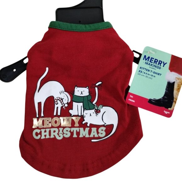 Petco Merry Makings Kitten XS Red and Green Meowy Christmas Pet T-Shirt - Picture 1 of 4
